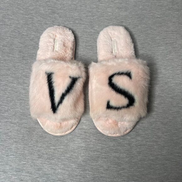 Victoria’s Secret VS Logo Faux Fur Plush Open Toe House Slipper Slides - Picture 6 of 7
